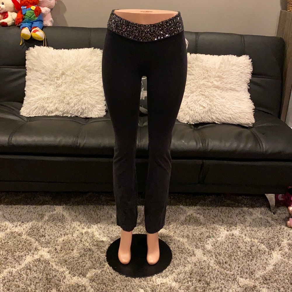 Vintage Aerie Black Sequin Fold Over Flare Leggings 2009 Y2K XS
